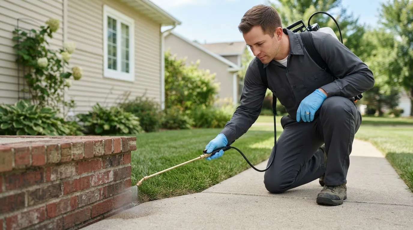 Pest control technician treating a home near Saegertown, PA
